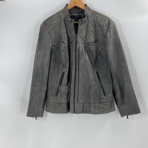 Bernardo leather grey metallic zip front jacket quilting look detail pockets - Picture 4 of 16